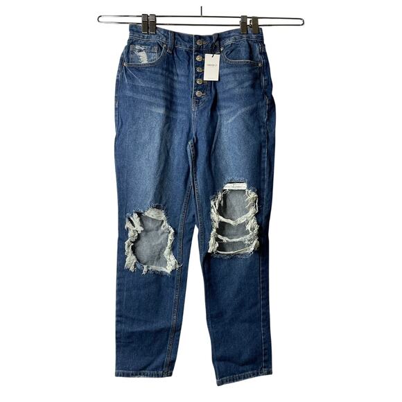 Forever 21 Womens Destroyed Knees Denim Dark Wash Mom Jeans Size 27 New - Picture 2 of 12